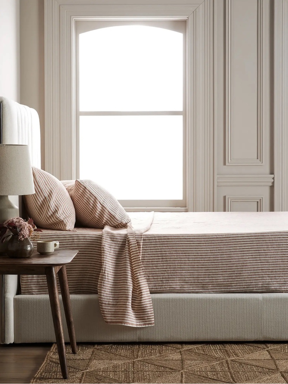 Quince King European Linen Terracotta White Stripe Flat Sheet Set 4 pc Bedding